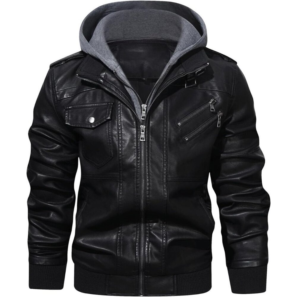 Men’s Casual Stand Collar Pu Faux Leather Zip-Up Motorcycle Bomber Jacket With A
